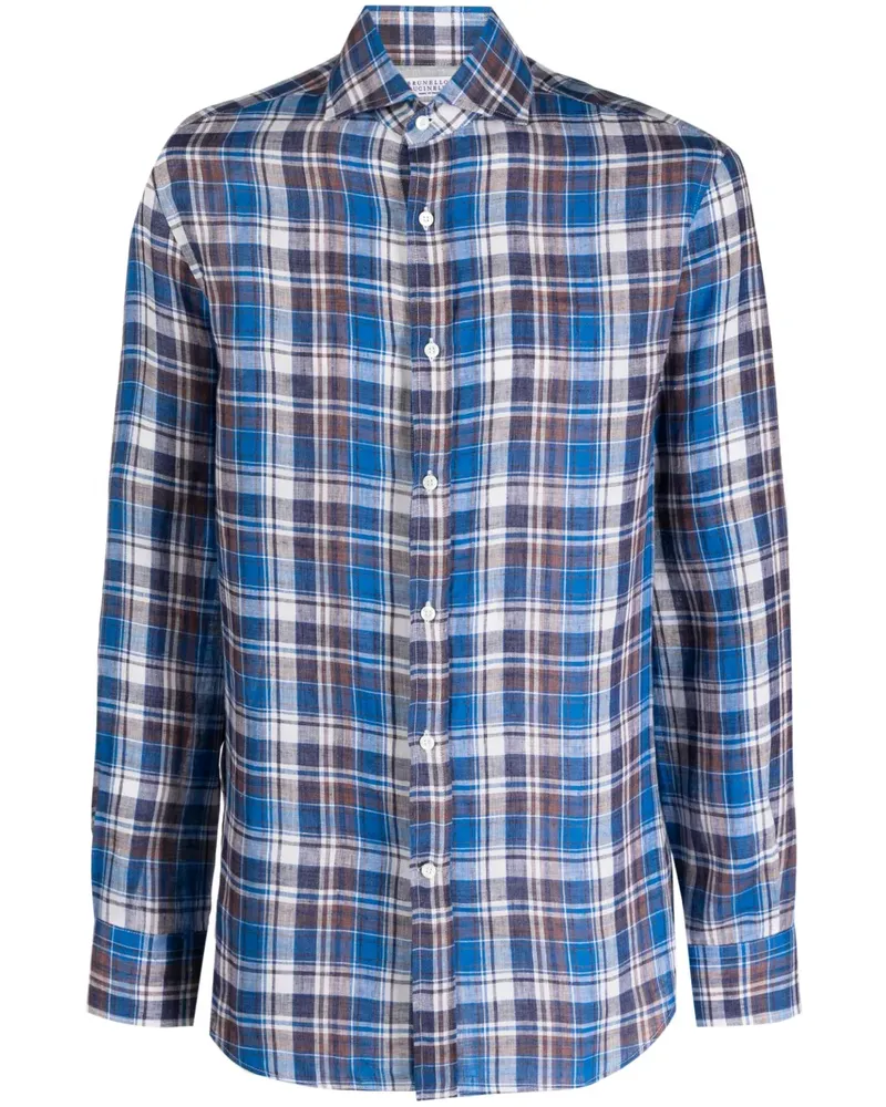 Brunello Cucinelli Leinenhemd mit Karomuster - Blau Blau