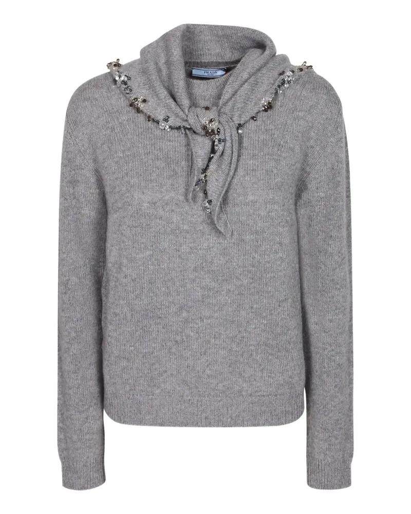 Prada Kristallverzierter Pullover mit Schaldetail - Grau Grau