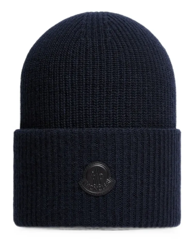 Moncler logo-patch ribbed-knit beanie hat - Blau Blau