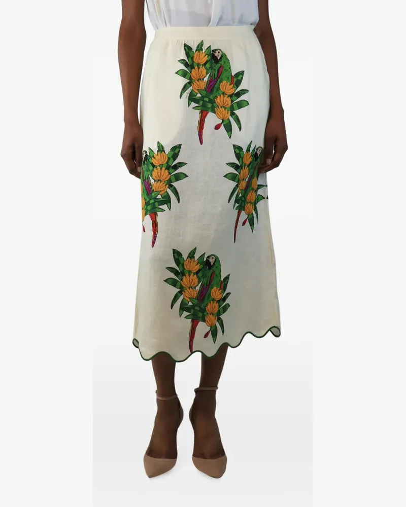 FARM Rio parrot-print scalloped midi skirt - Nude Nude