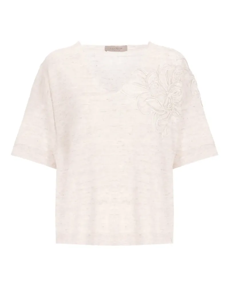 D.EXTERIOR floral-embroidered V-neck T-shirt - Nude Nude