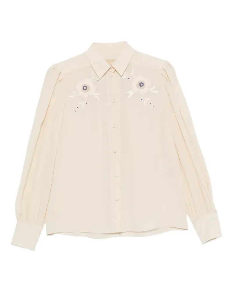 Valentino Garavani floral-embroidered pleated-sleeve blouse - Nude Nude
