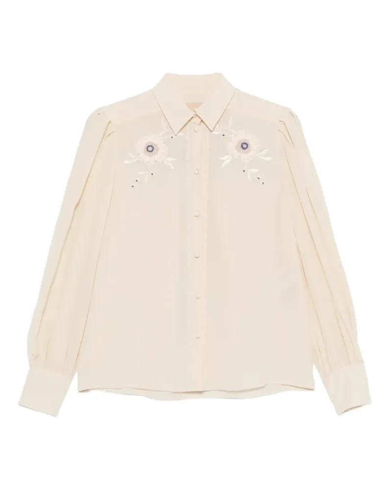 Valentino Garavani floral-embroidered pleated-sleeve blouse - Nude Nude