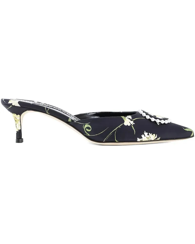Manolo Blahnik Perlenverzierte Mules mit Blumen-Print - Schwarz Schwarz
