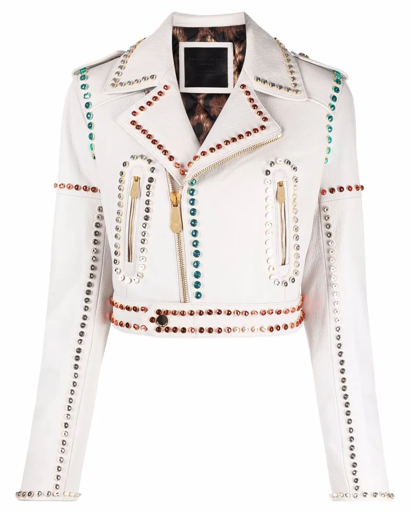 Philipp Plein Bikerjacke mit Kristallen - Weiß Weiß