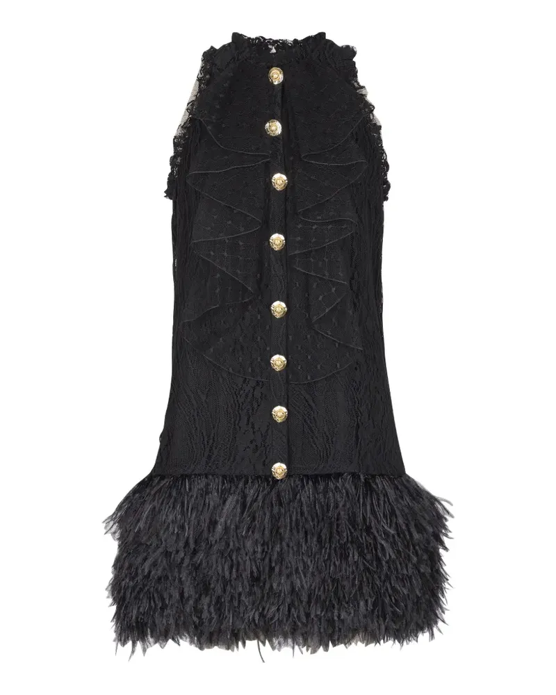 Balmain Kleid aus Spitze und Federn - Schwarz Schwarz