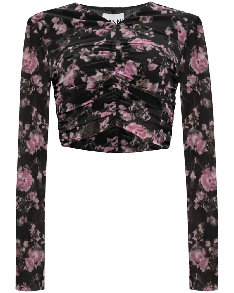 Ganni Geraffte Bluse mit Blumen-Print - Schwarz Schwarz