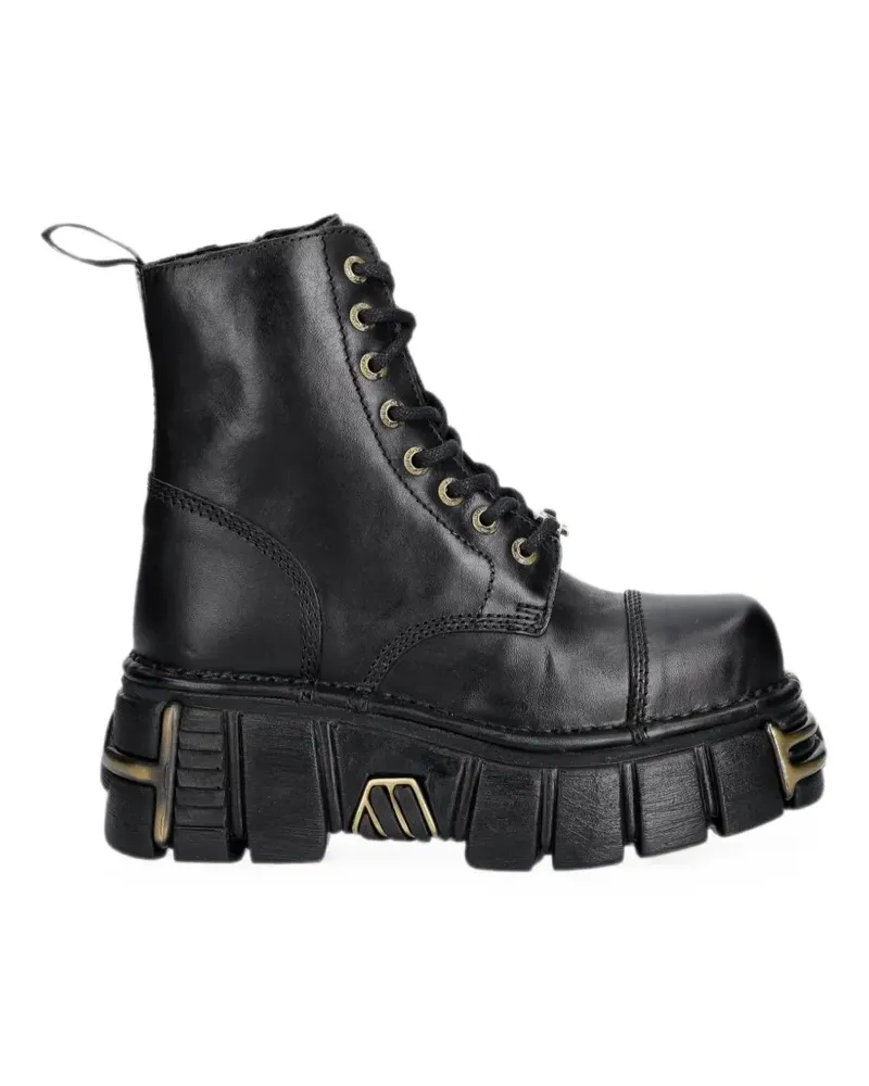 New Rock Plateau-Stiefel mit Logo-Schild - Schwarz Schwarz