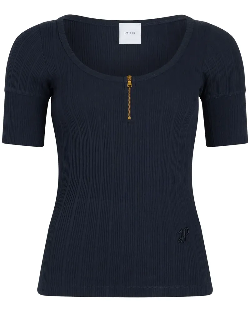 Patou Geripptes T-Shirt mit U-Ausschnitt - Blau Blau
