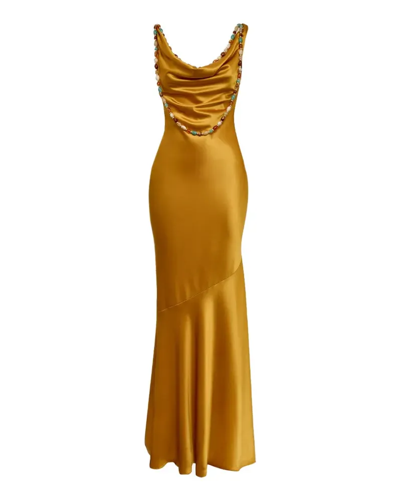 Retrofête Perlenverziertes Kleid mit drapiertem Ausschnitt - Gold Gold