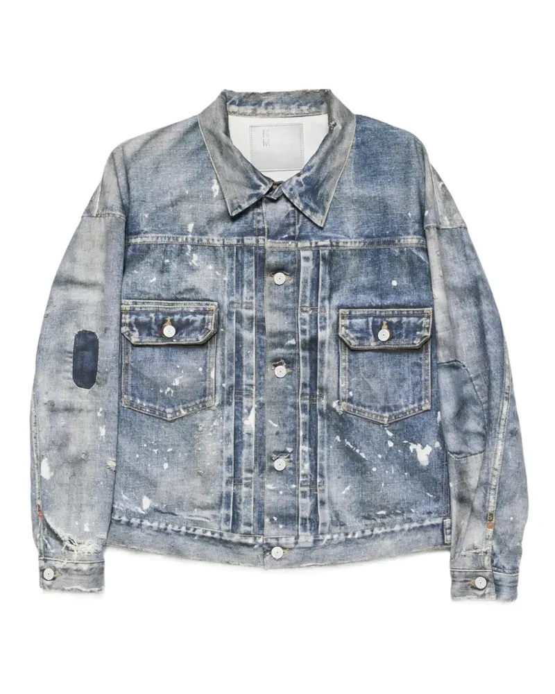 Junya Watanabe Jeansjacke in Distressed-Optik mit Farbklecks-Print - Schwarz Schwarz