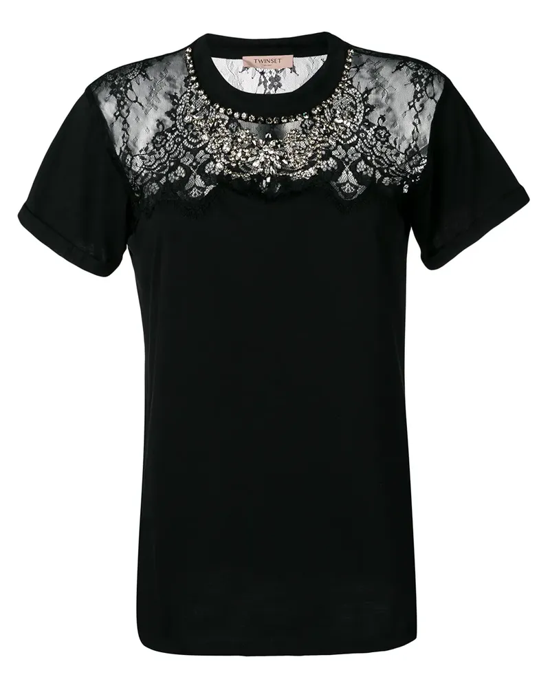 Twin-Set T-Shirt mit Spitzeneinsätzen - Schwarz Schwarz