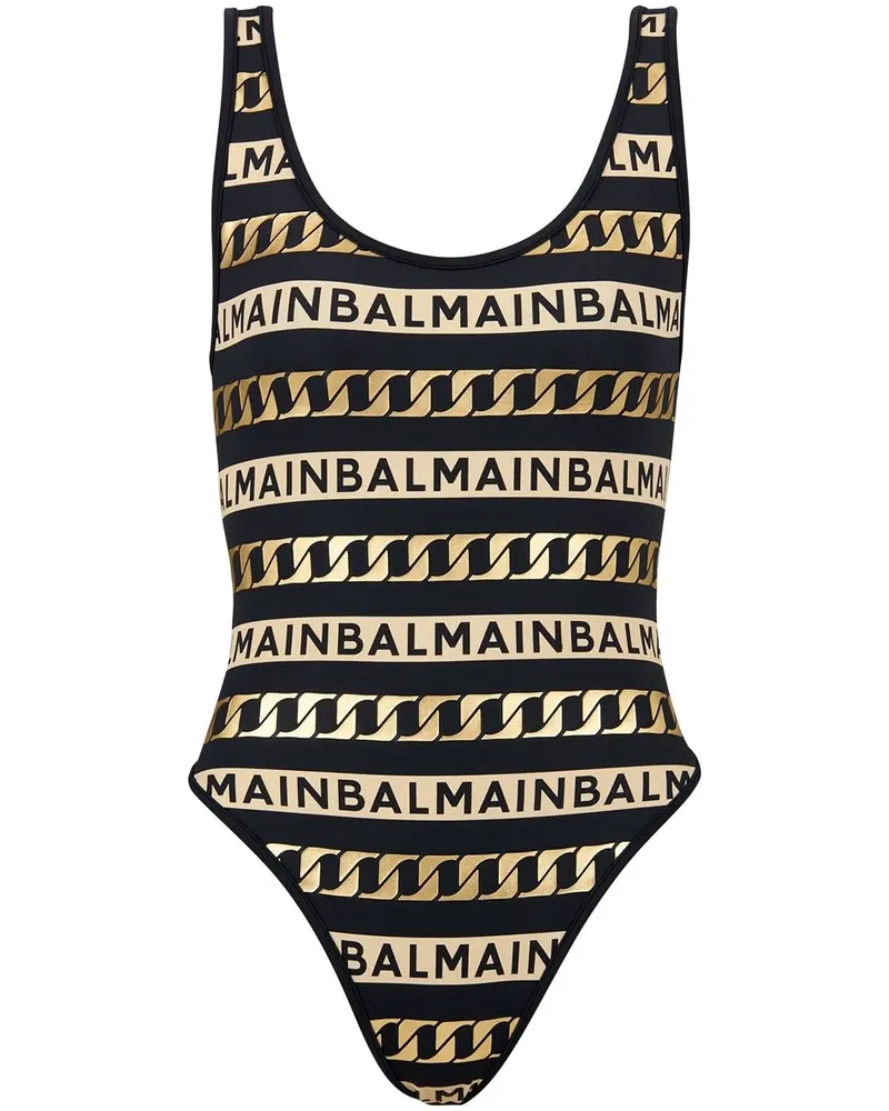 Balmain Gestreifter Badeanzug mit Logo-Print - Schwarz Schwarz