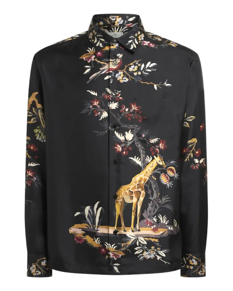 Etro Hemd aus Seidentwill mit platzierter Blume und Animal-Print - Schwarz Schwarz