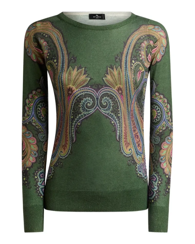 Etro silk and cashmere sweater with v-neck and placed Paisley print - Grün Grün