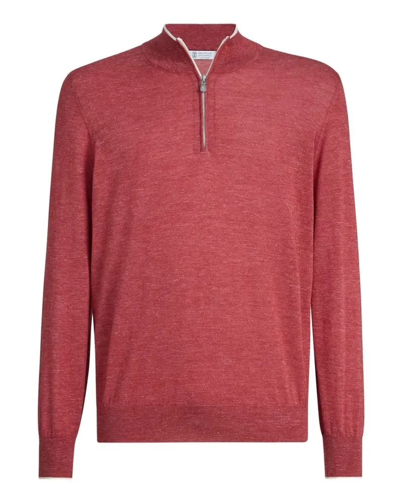 Brunello Cucinelli Leichter Pullover aus Kaschmir, Seide und Hanf mit kurzem Reißverschluss - Rot Rot