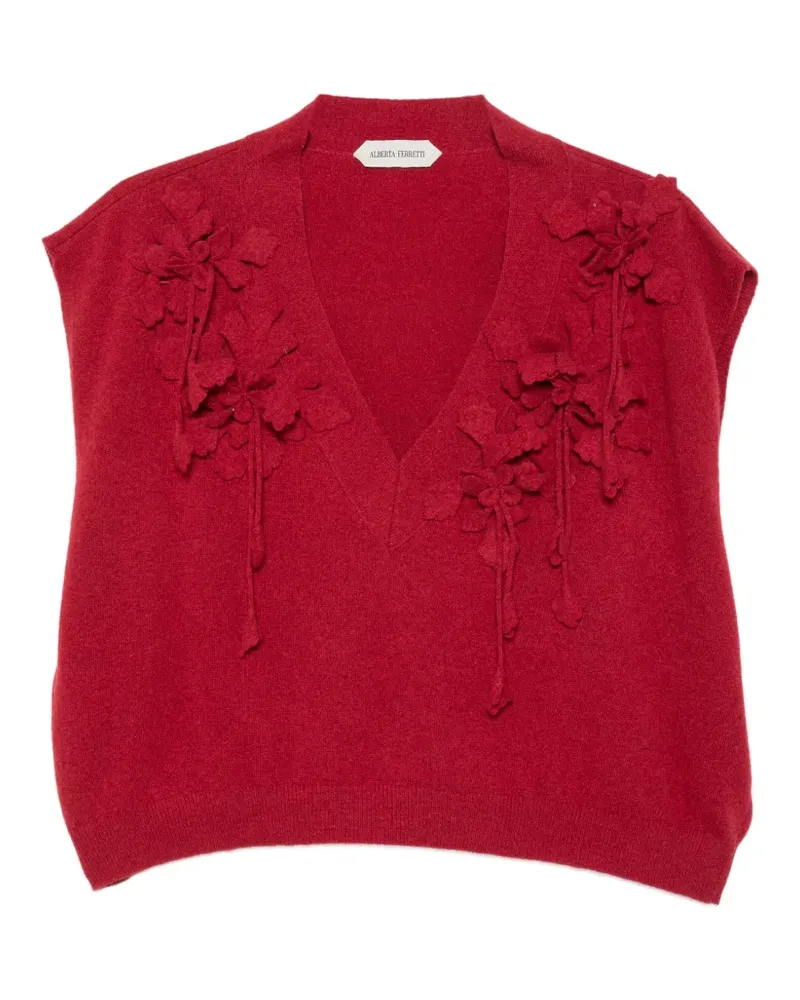 Alberta Ferretti V-Ausschnitt-Pullover mit Blumenapplikation - Rot Rot