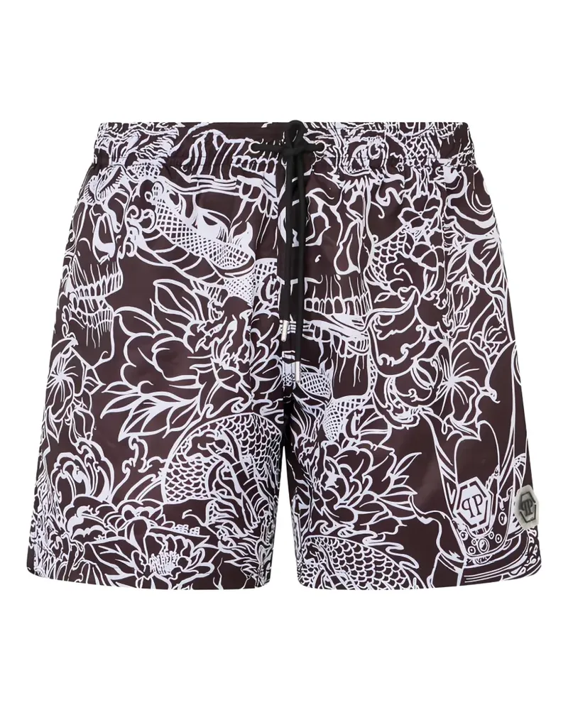 Philipp Plein Badeshorts mit Drachen-Print - Schwarz Schwarz