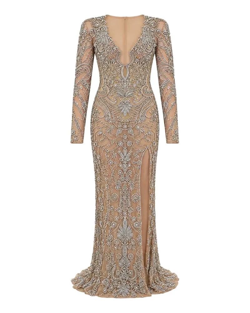 Philipp Plein tulle V-neckline long evening dress crystals - Nude Nude