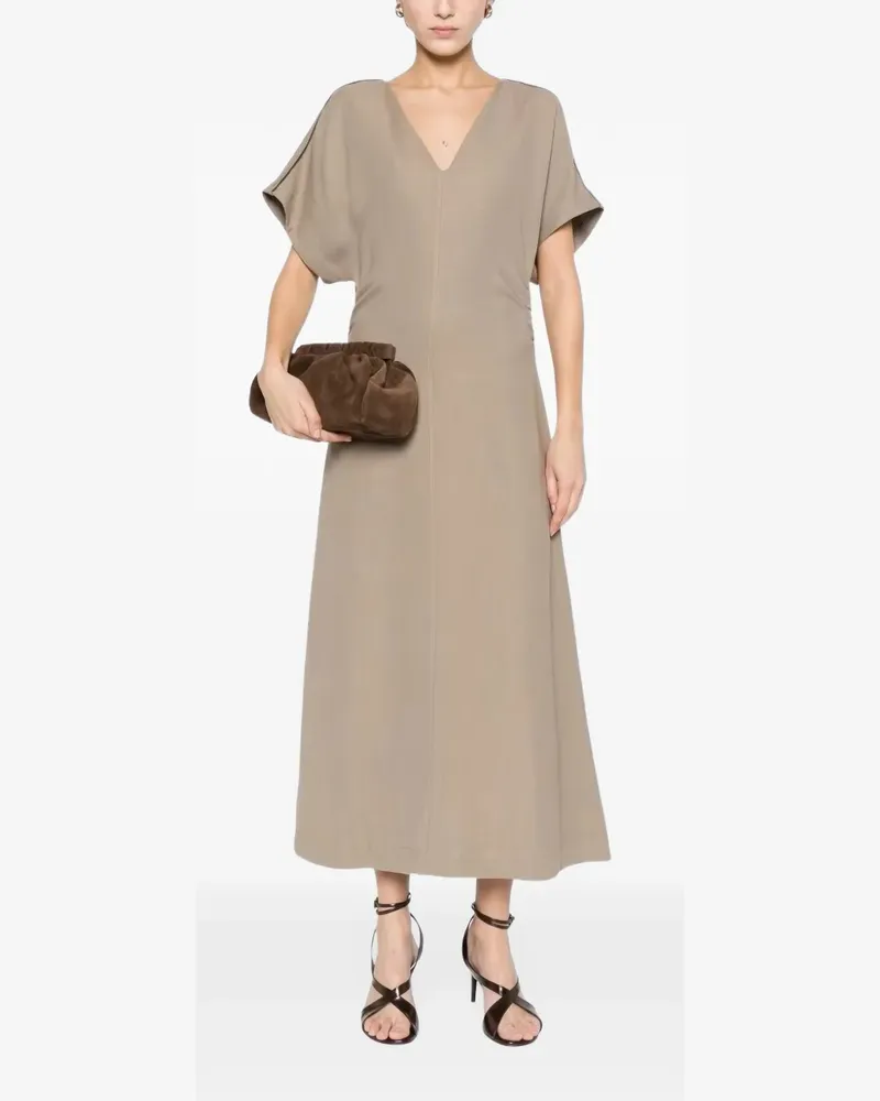 Brunello Cucinelli monili-trim V-neck midi dress - Nude Nude