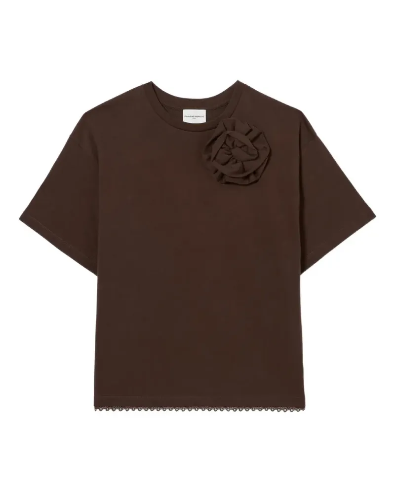 Claudie Pierlot T-Shirt mit Blumenapplikation und Spitzenbesatz - Braun Braun