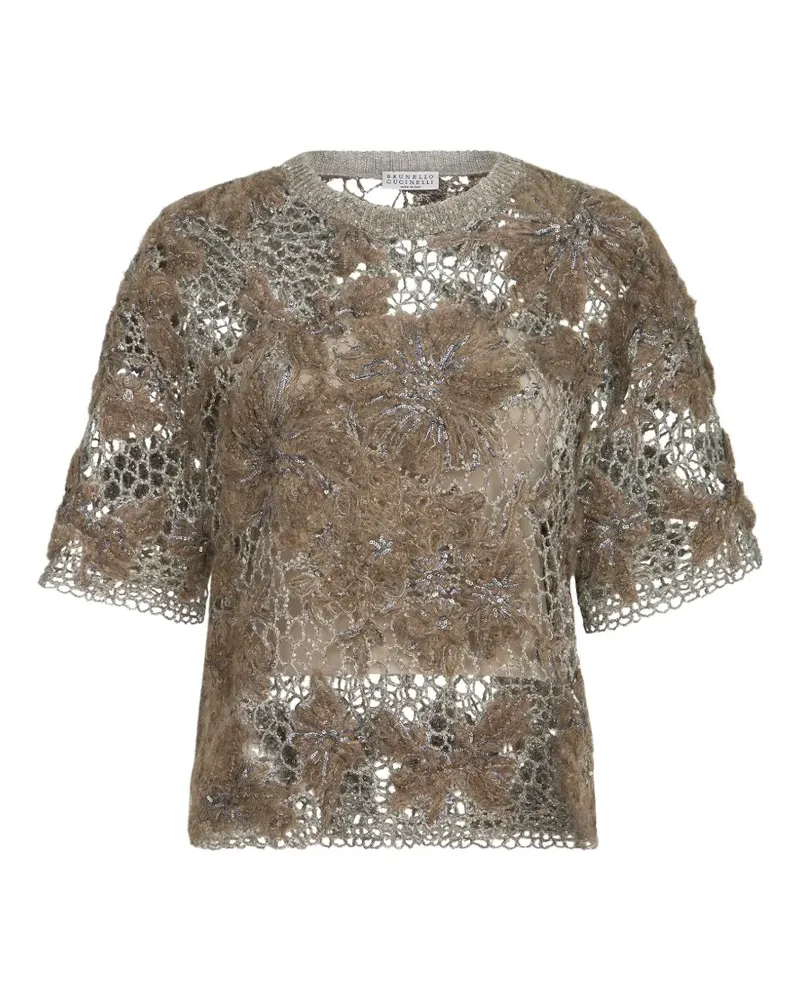 Brunello Cucinelli whispering bloom embroidery knit T-shirt in sparkling mohair and wool - Braun Braun