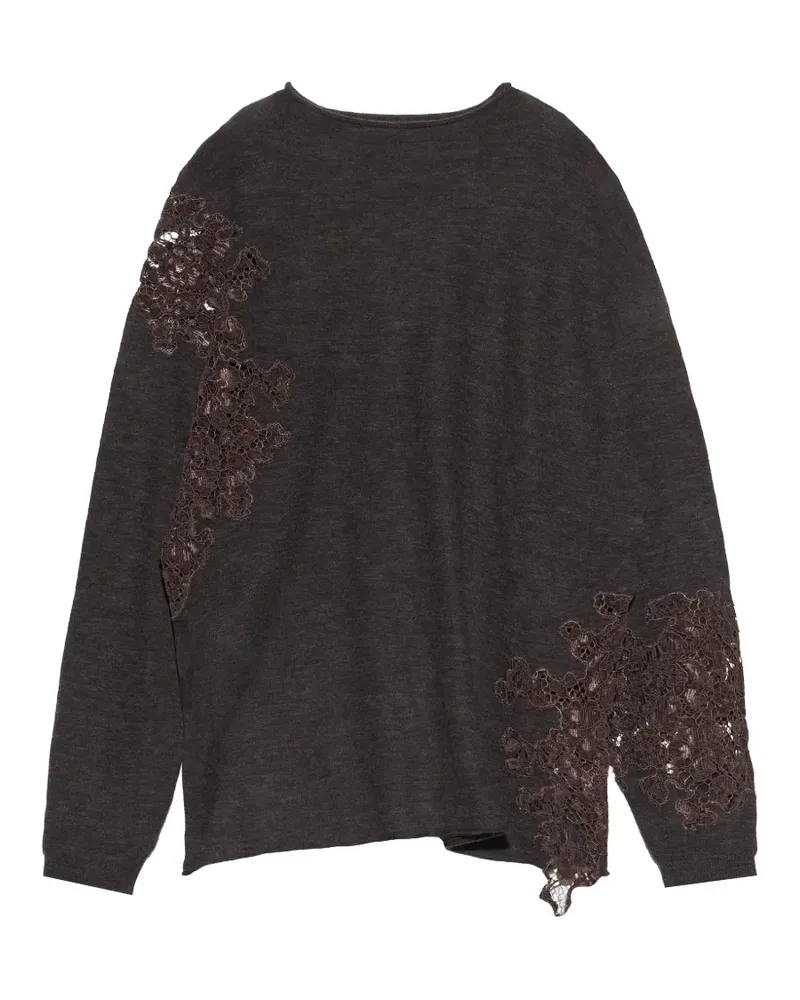 BIMBA Y LOLA Dunkelgrauer Wollpullover mit Stehkragen und Spitzendetail Grau