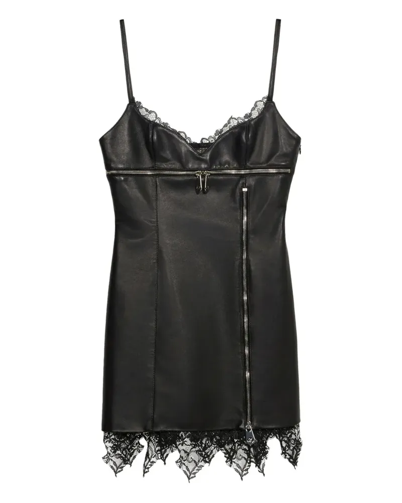 Blumarine Lederkleid mit Spitzenbesatz - Schwarz Schwarz