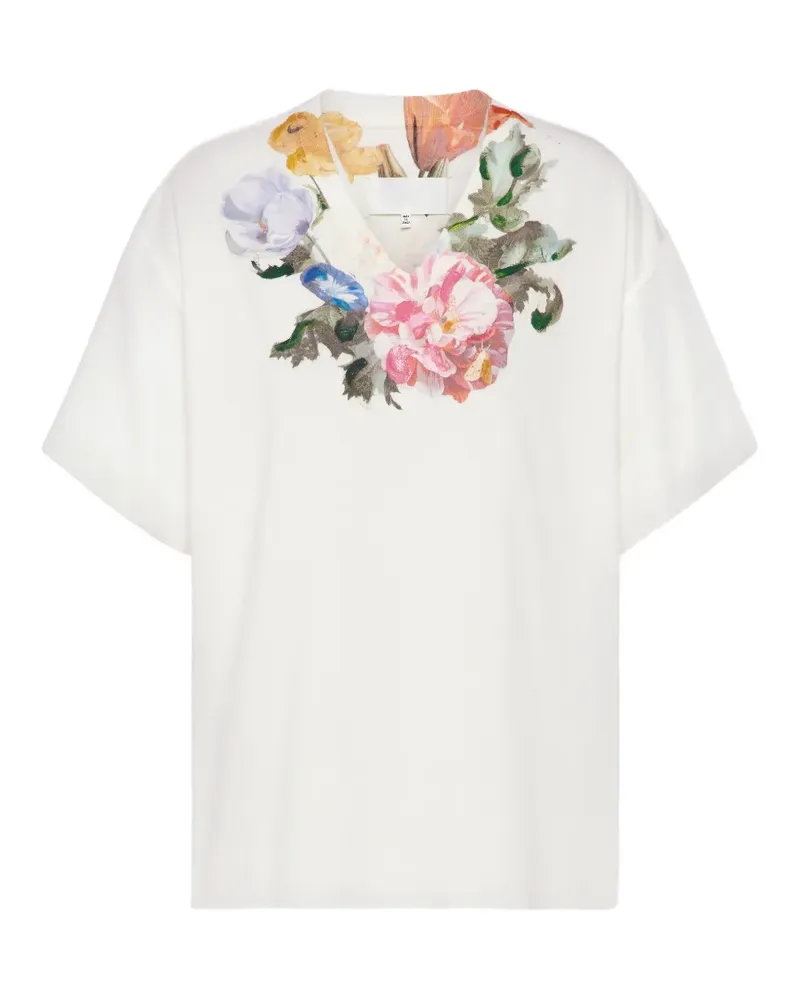 Maison Margiela Blumen-T-Shirt mit V-Ausschnitt - Weiß Weiß