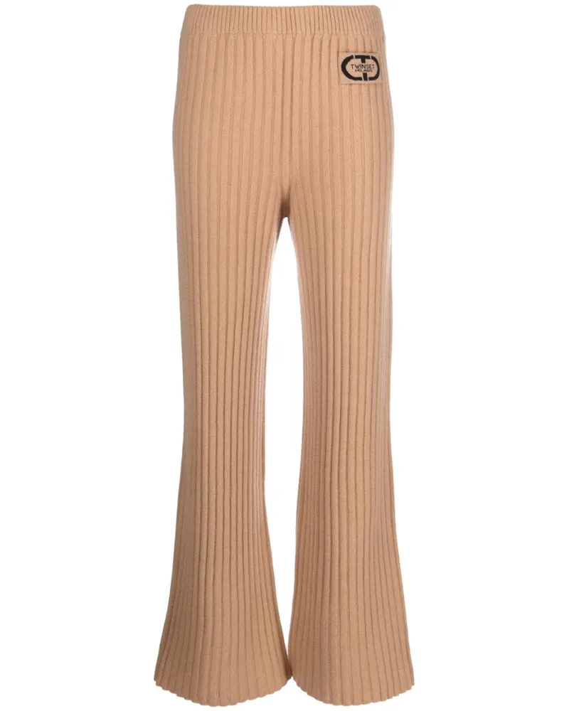 Twin-Set Gerippte Hose mit Logo-Patch - Nude Nude