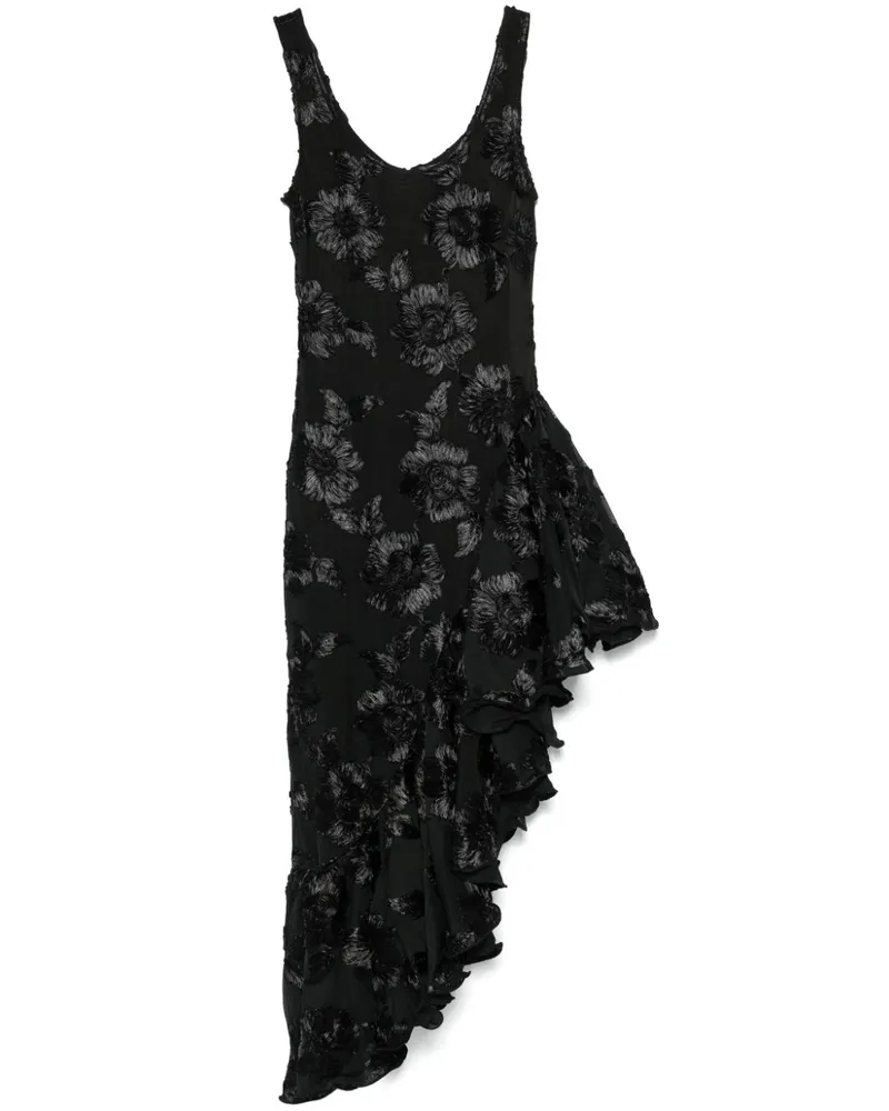 ROTATE Birger Christensen Midikleid mit Rüschen und floraler Stickerei - Schwarz Schwarz