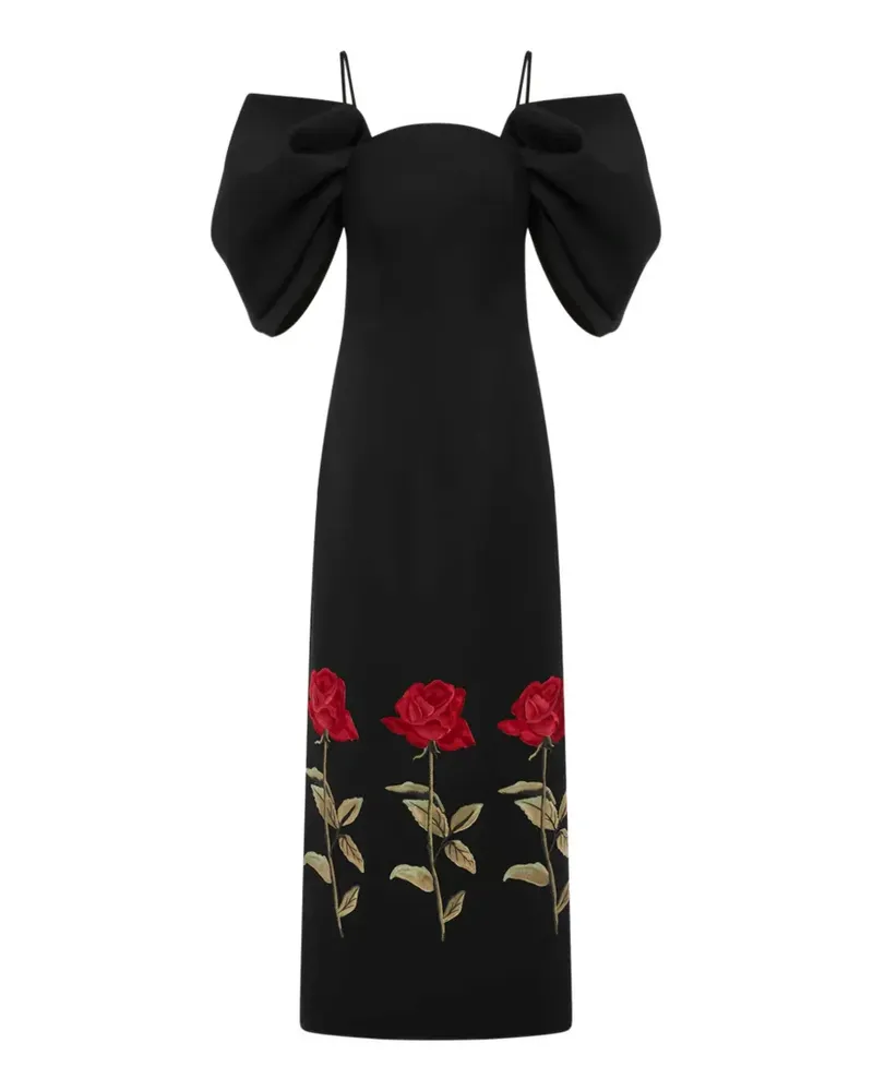 LEO LIN Arabella puff-sleeve floral midi dress - Schwarz Schwarz