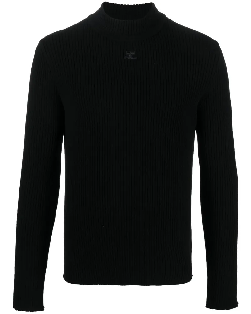 Courrèges Gerippter Strickpullover mit Logo - Schwarz Schwarz