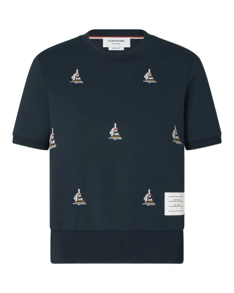 Thom Browne Milano T-Shirt mit Segelboot-Stickerei - Blau Blau
