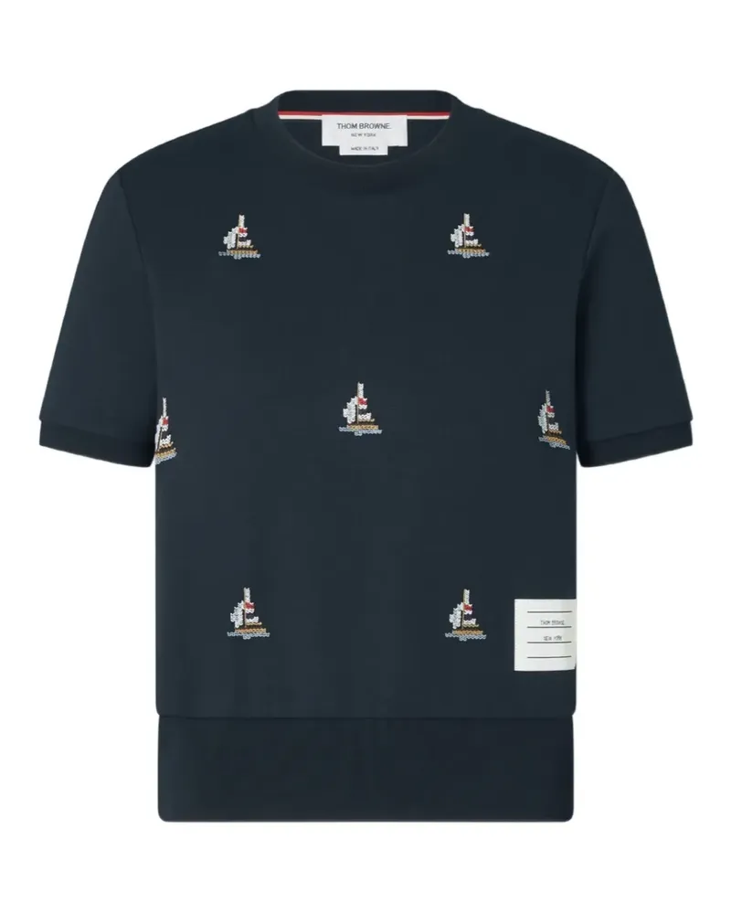 Thom Browne sailboat-embroidered Milano-rib T-shirt - Blau Blau