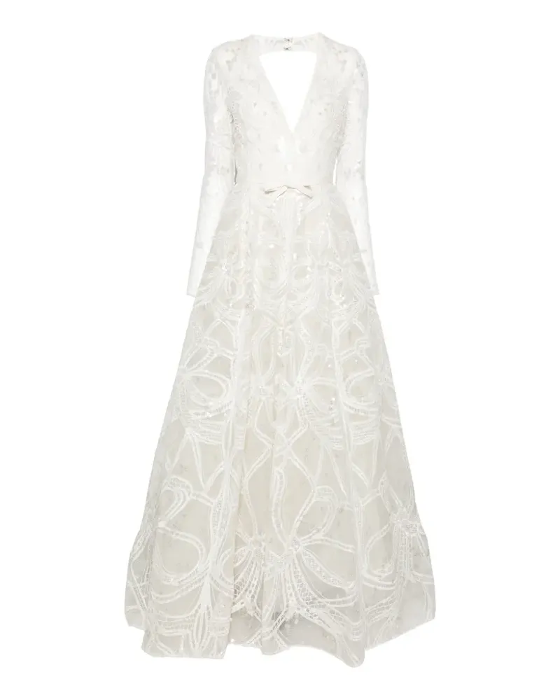 Elie Saab Pailletten-Maxikleid mit Spitzen-Overlay - Weiß Weiß