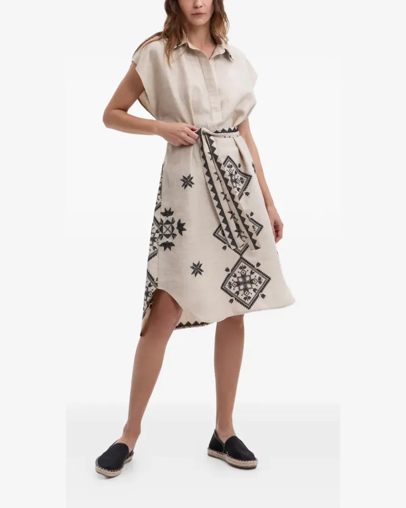 Greek Archaic Kori geometric print belted dress - Nude Nude