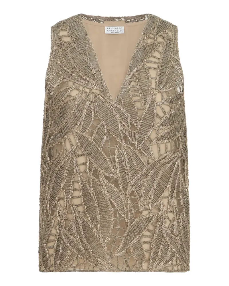Brunello Cucinelli linen and cotton dazzling cacao leaves embroidery top - Gold Gold