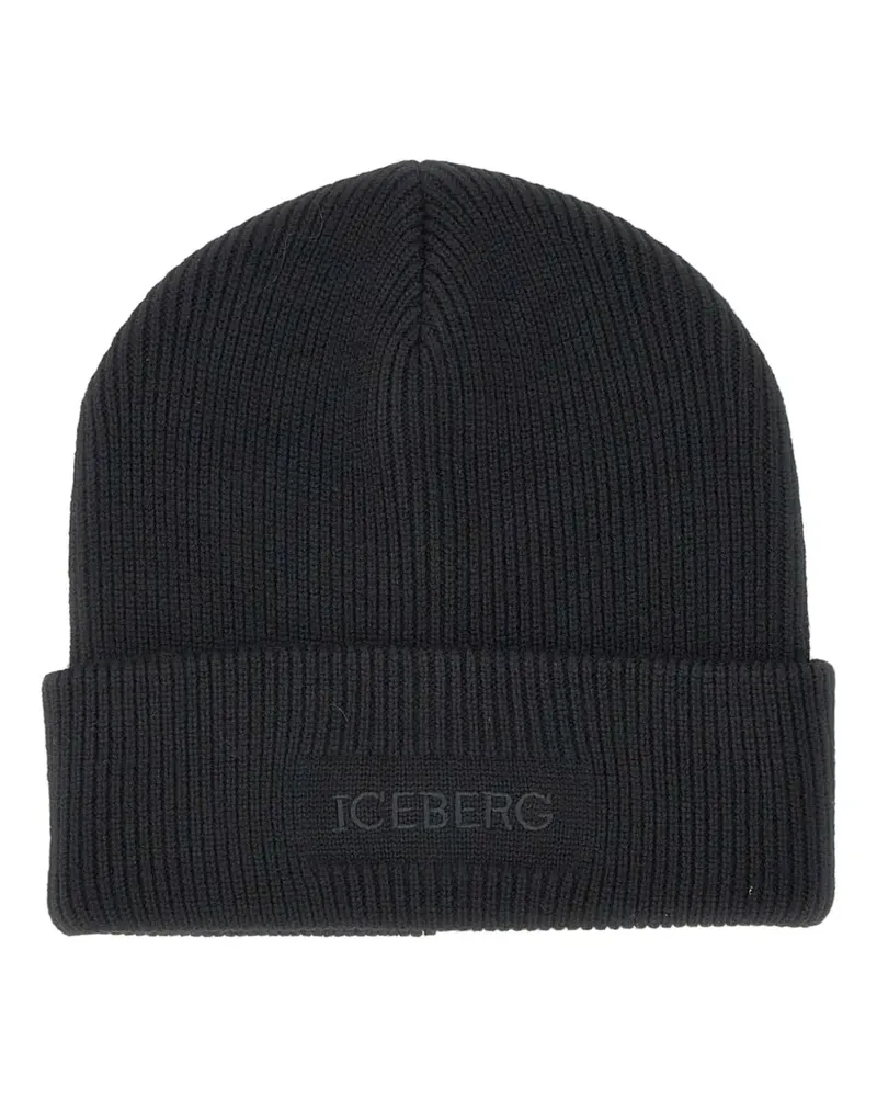 Iceberg Gerippte Beanie mit Logo-Stickerei - Schwarz Schwarz