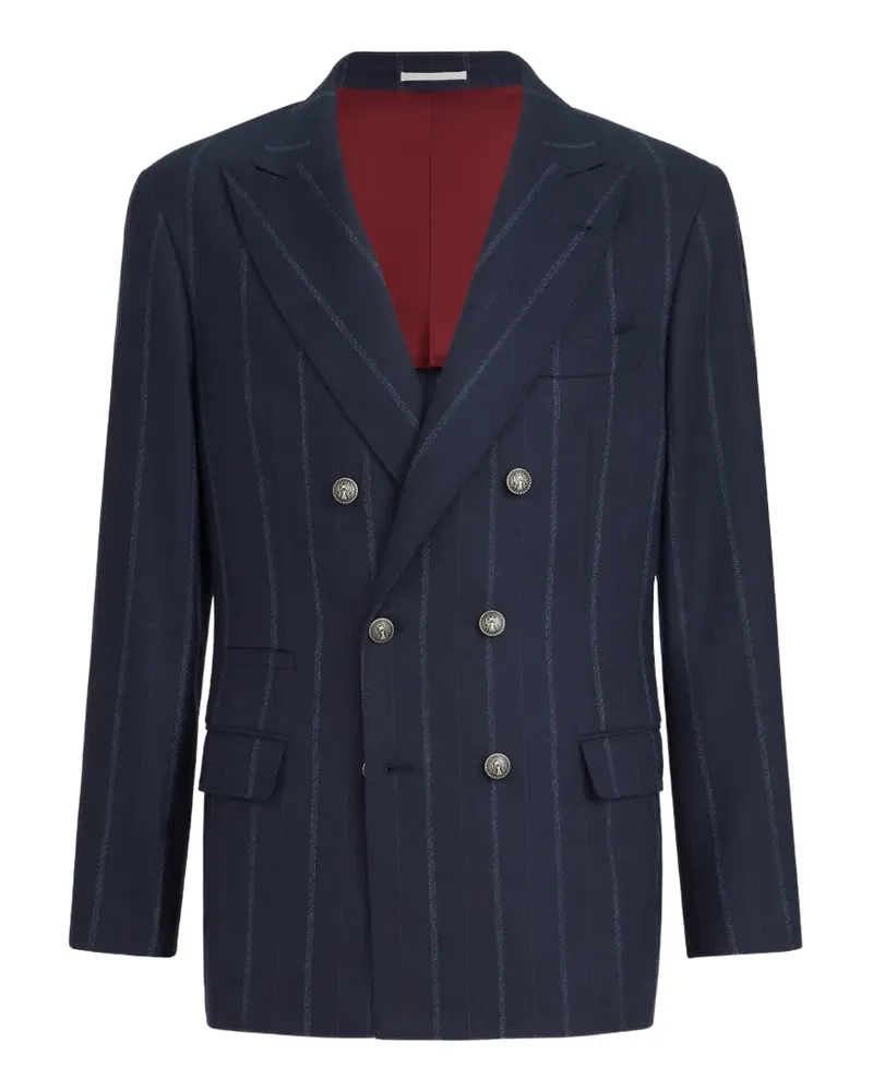 Brunello Cucinelli cashmere and virgin wool multistripe twill one-and-a-half breasted deconstructed blazer with metal buttons - Blau Blau