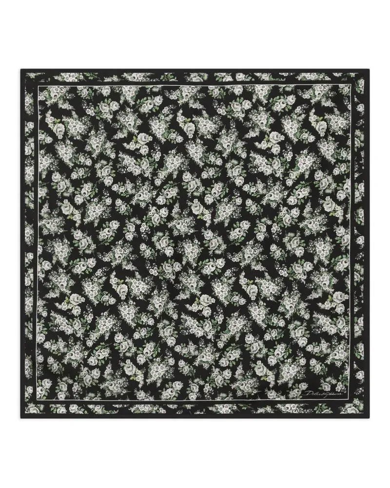 Dolce & Gabbana kleiner 50x50 Schal aus Seidentwill mit Blumenstrauß-Print - Schwarz Schwarz