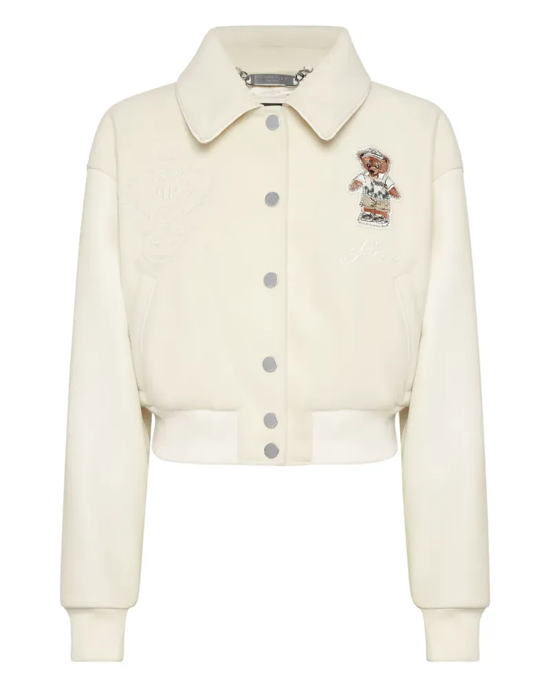 Philipp Plein Leder-Bomberjacke mit Teddy-Verzierung - Nude Nude