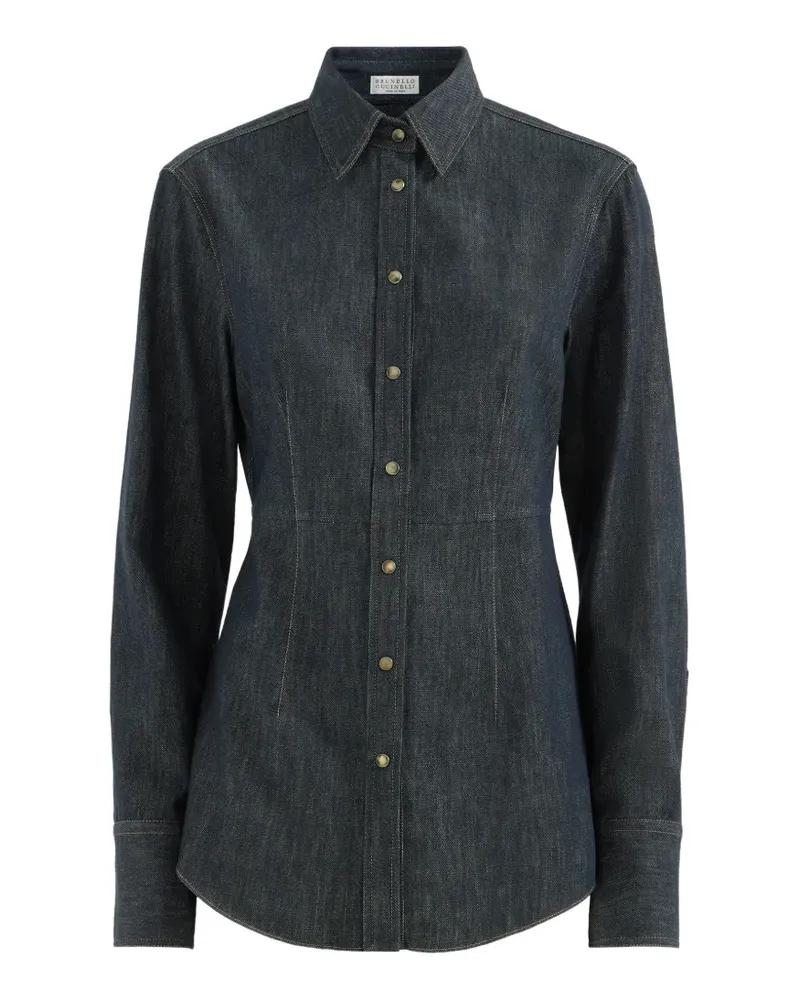Brunello Cucinelli Hemd aus Baumwoll-Twill in Jeansoptik mit Monili - Blau Blau