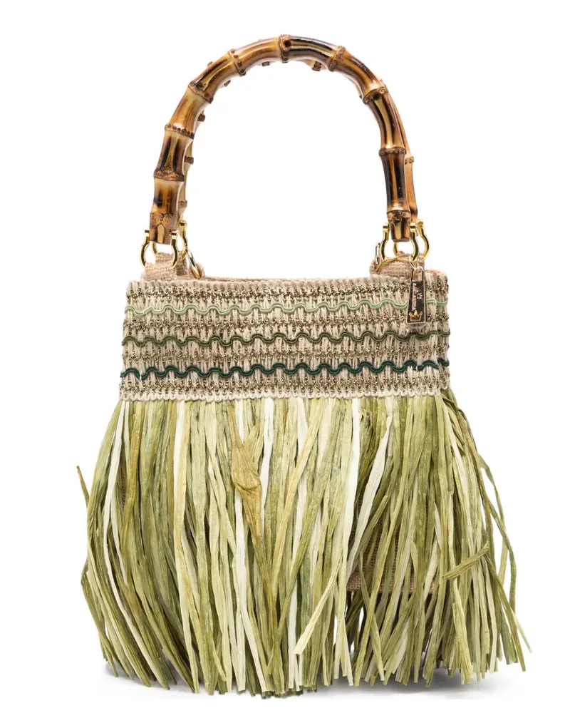 La Milanesa small Calla bamboo-handle fringe tote bag - Grün Grün