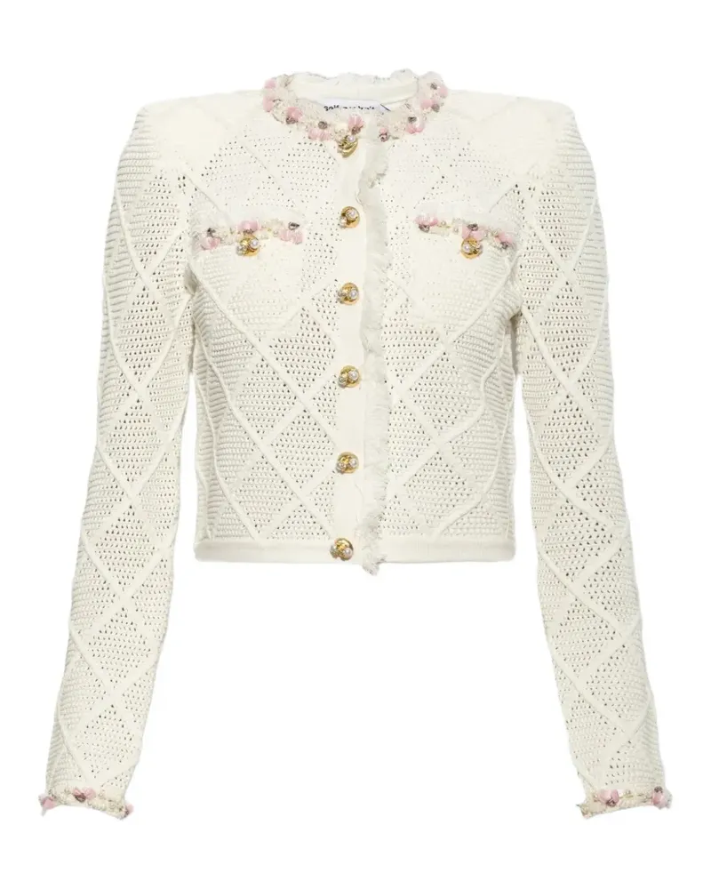 Self-Portrait embellished diamond-knit cardigan - Nude Nude