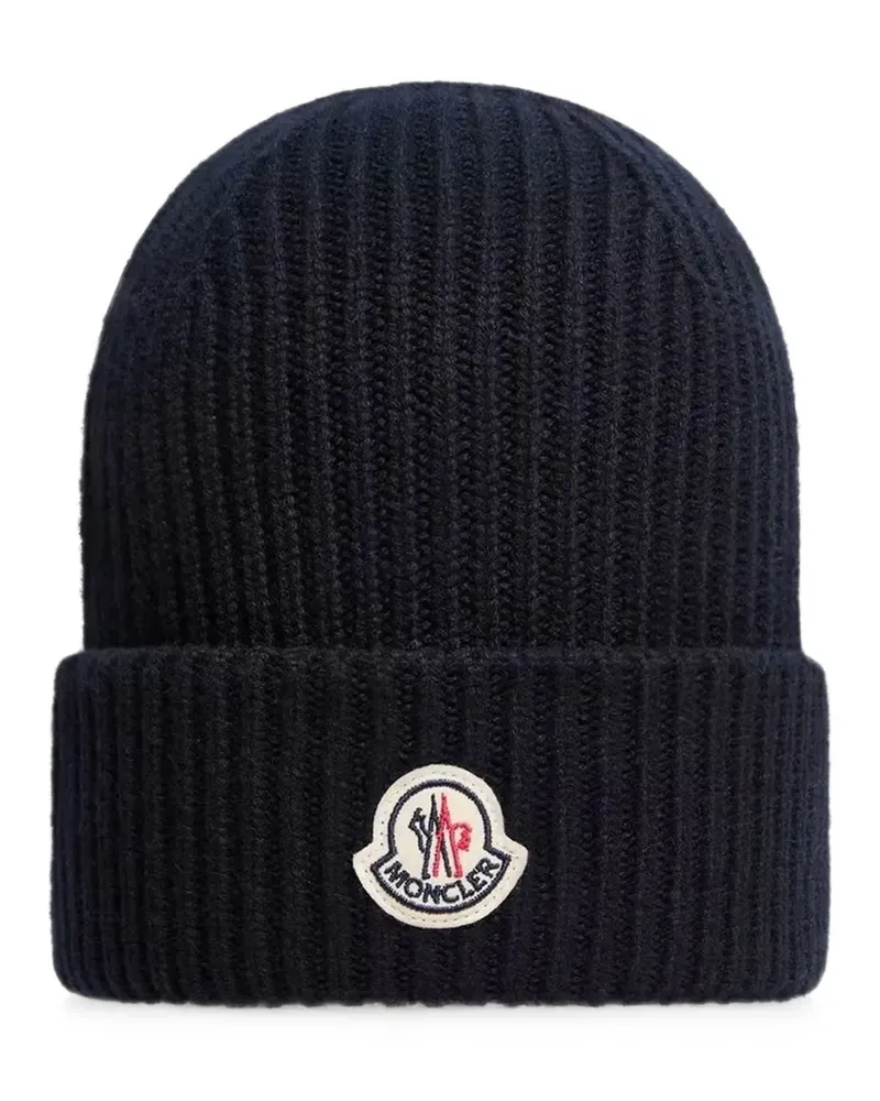Moncler logo-patch ribbed-knit beanie hat - Blau Blau
