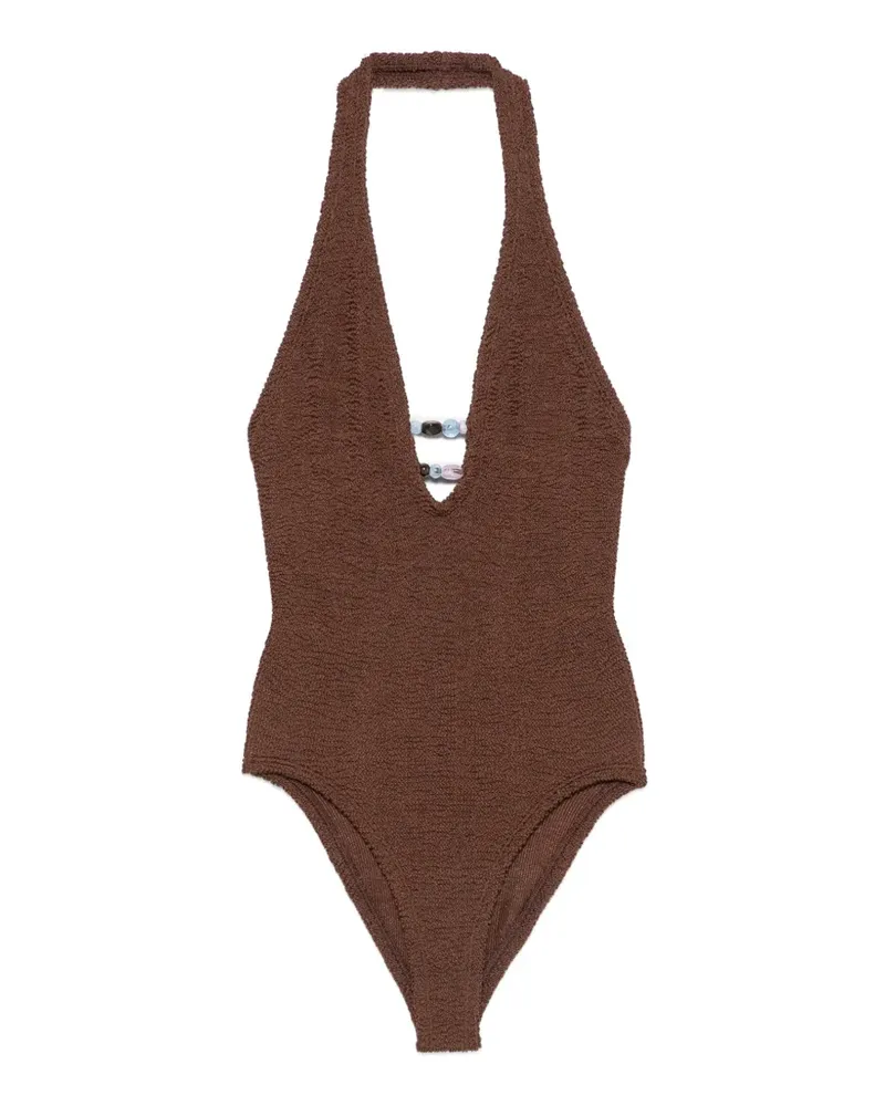 Hunza G Adriana bead-embellished crinkle-effect swimsuit - Braun Braun