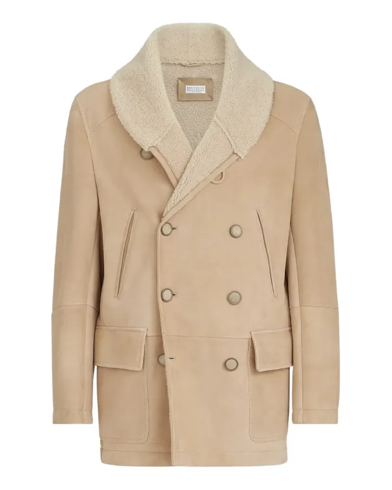 Brunello Cucinelli Wildleder-Shearling-Mantel mit Schalkragen - Nude Nude
