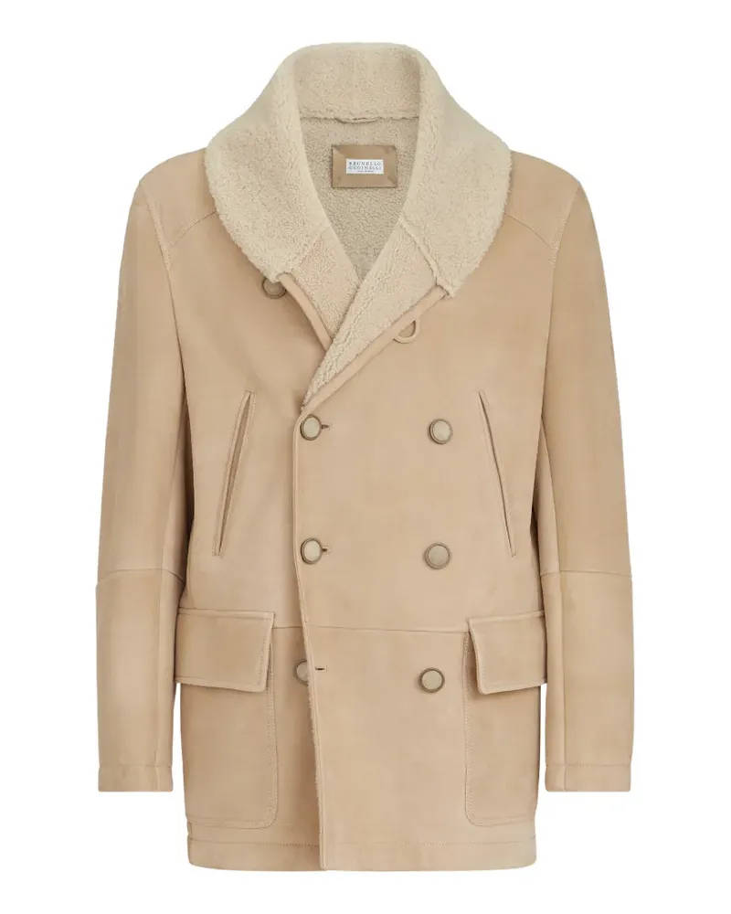 Brunello Cucinelli Wildleder-Shearling-Mantel mit Schalkragen - Nude Nude