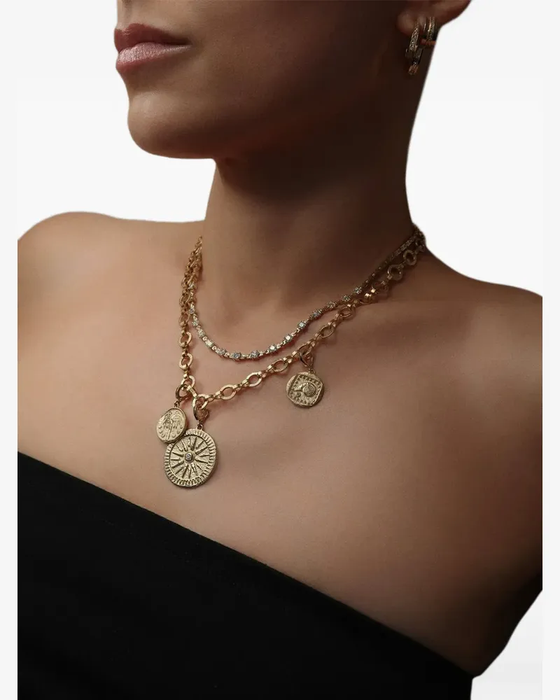 AZLEE small Prosperity Palm diamond coin pendant - Gold Gold